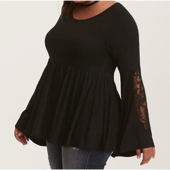 Torrid Black Babydoll Top 1X Lace Bell Sleeve Goth Witchy Tie Back Super Soft - Picture 1 of 9
